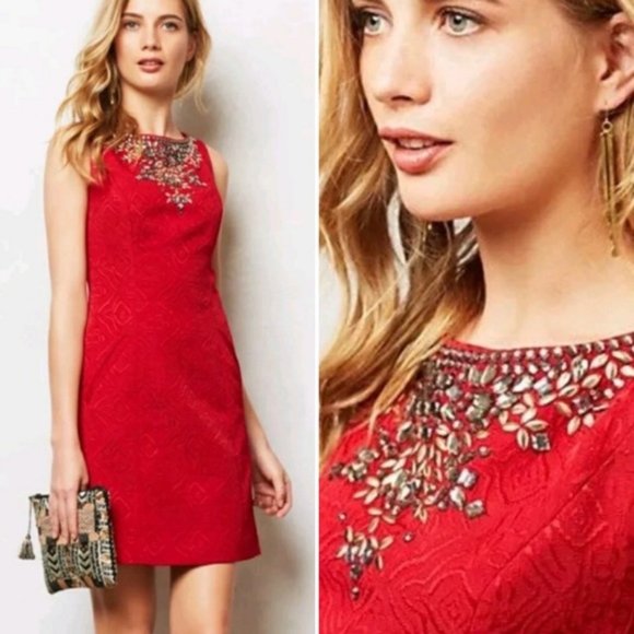 Anthropologie Moulinette Soeurs Toulouse Red Embellished Dress Size 8 - Picture 1 of 16